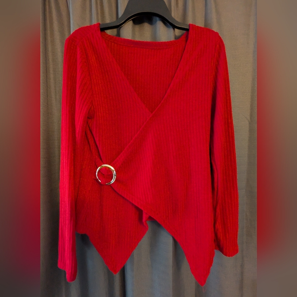 Women's Elegant Red Wrap Top with Ring Detail Sz. M